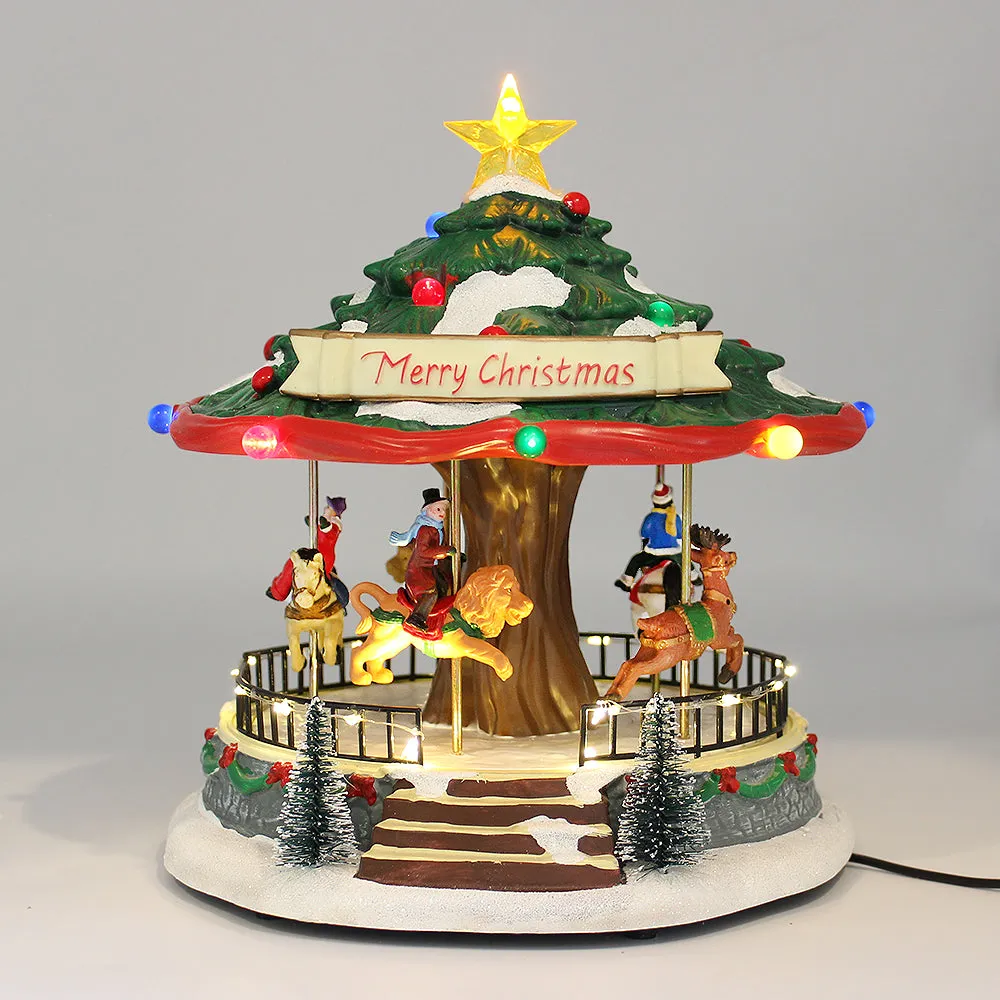 Animated Christmas Amusement Park Tree Carousel LED Lights Music