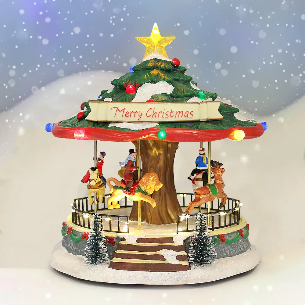 Animated Christmas Amusement Park Tree Carousel LED Lights Music