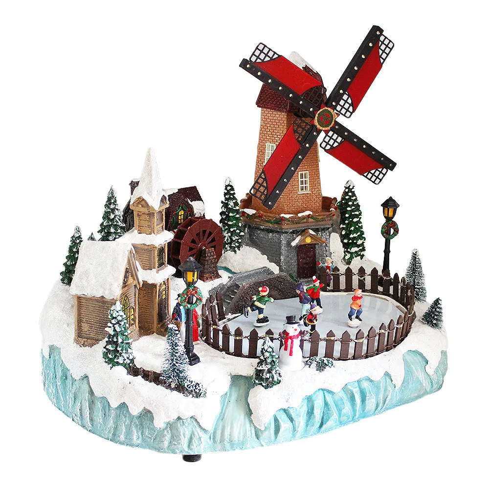 Animated Christmas Village Moving Windmill Skaters Waterwheel LED Lights Music