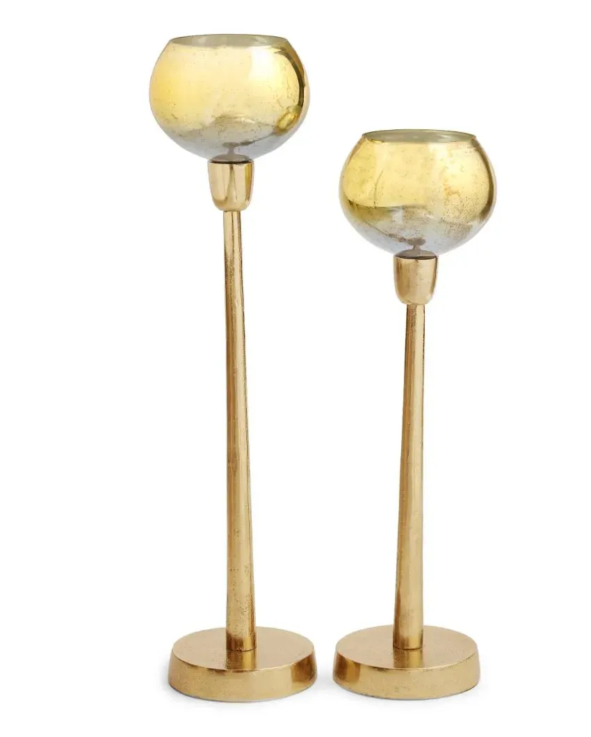 Antique Gold Glass Tealight Holder| Set  Of 2 | 17 inches & 20 inches