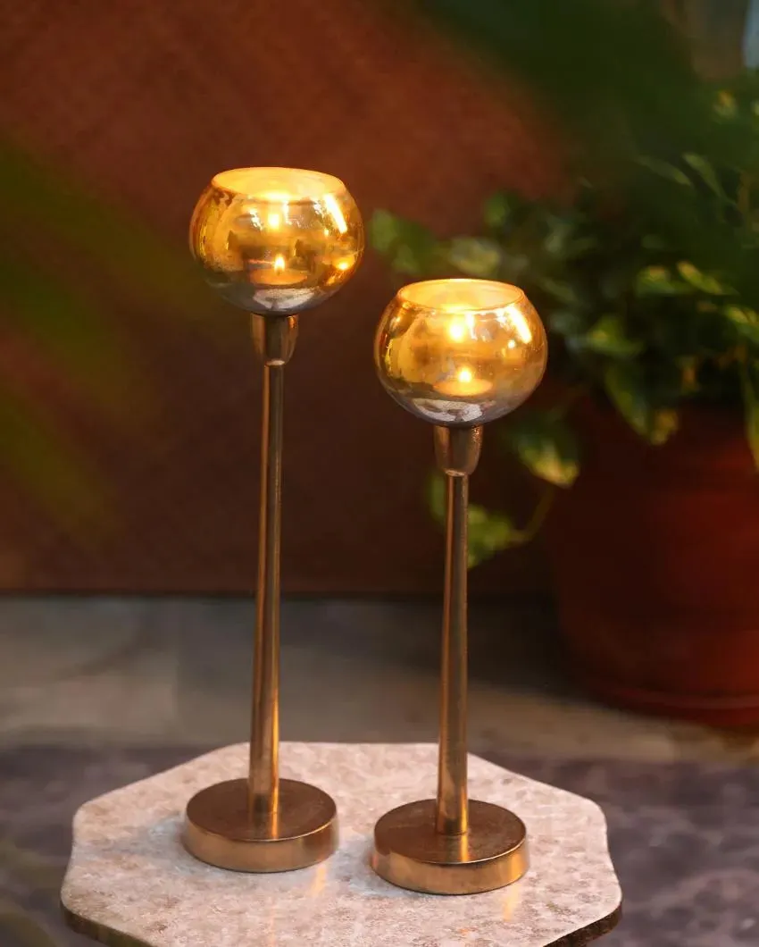 Antique Gold Glass Tealight Holder| Set  Of 2 | 17 inches & 20 inches