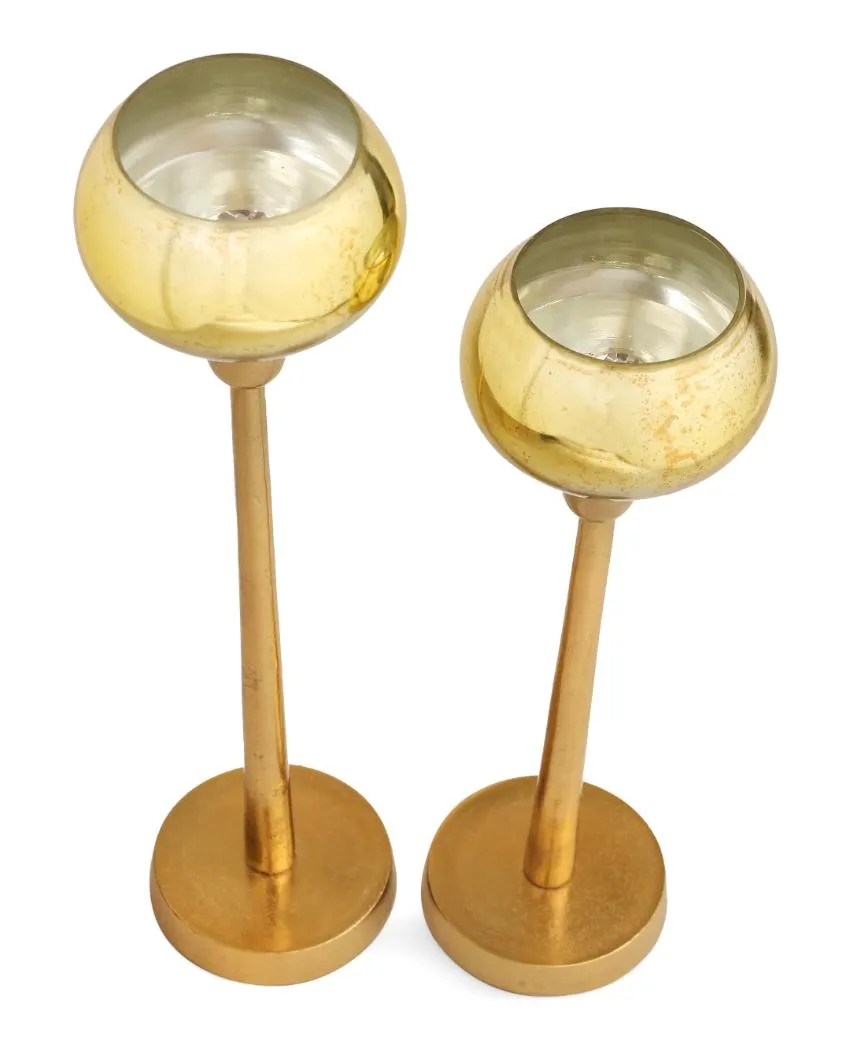 Antique Gold Glass Tealight Holder| Set  Of 2 | 17 inches & 20 inches