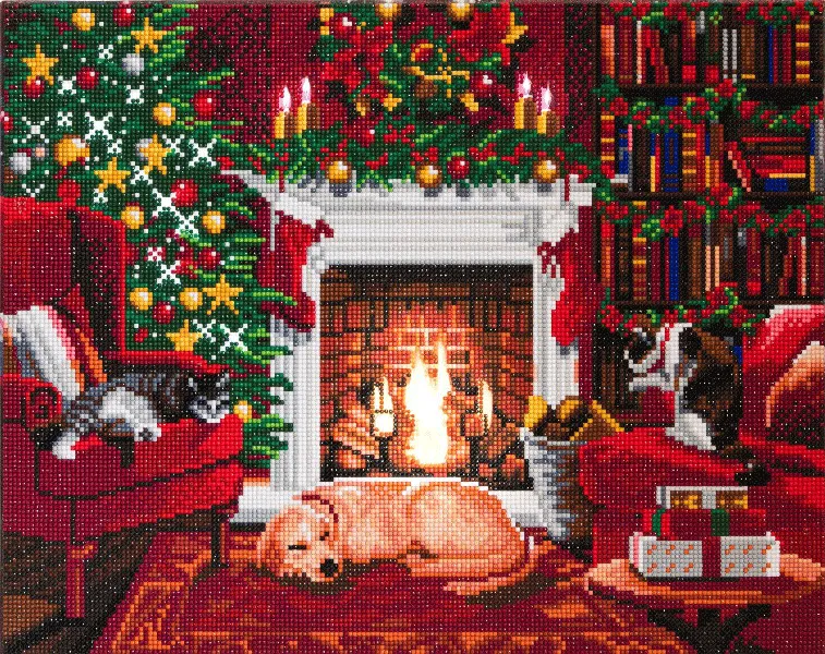 CAK-XLED15: "Pets by the Fireplace" 40x50 LED Crystal Art Kit (With Special Effects)