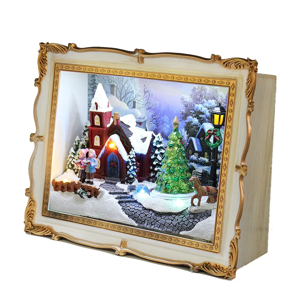 Christmas 3D Frame Animated Winter Village Scene w/ LED lights Music