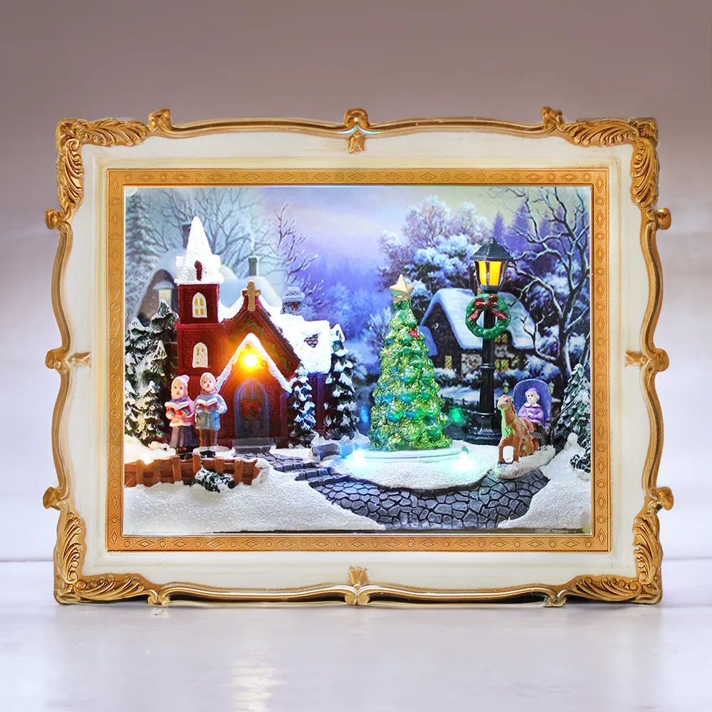 Christmas 3D Frame Animated Winter Village Scene w/ LED lights Music