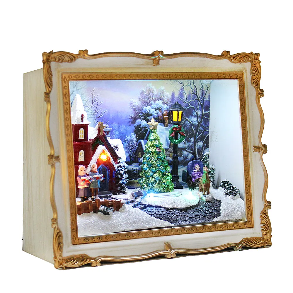 Christmas 3D Frame Animated Winter Village Scene w/ LED lights Music