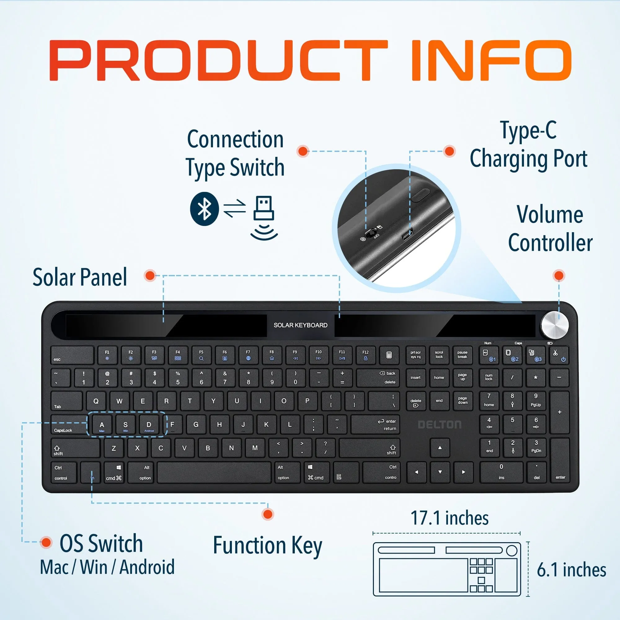 Delton KB90 Solar-Rechargeable Wireless Keyboard - Quiet Keys, Bluetooth Enabled, for Computers, Desktops, PCs, Laptops - Compatible with Windows