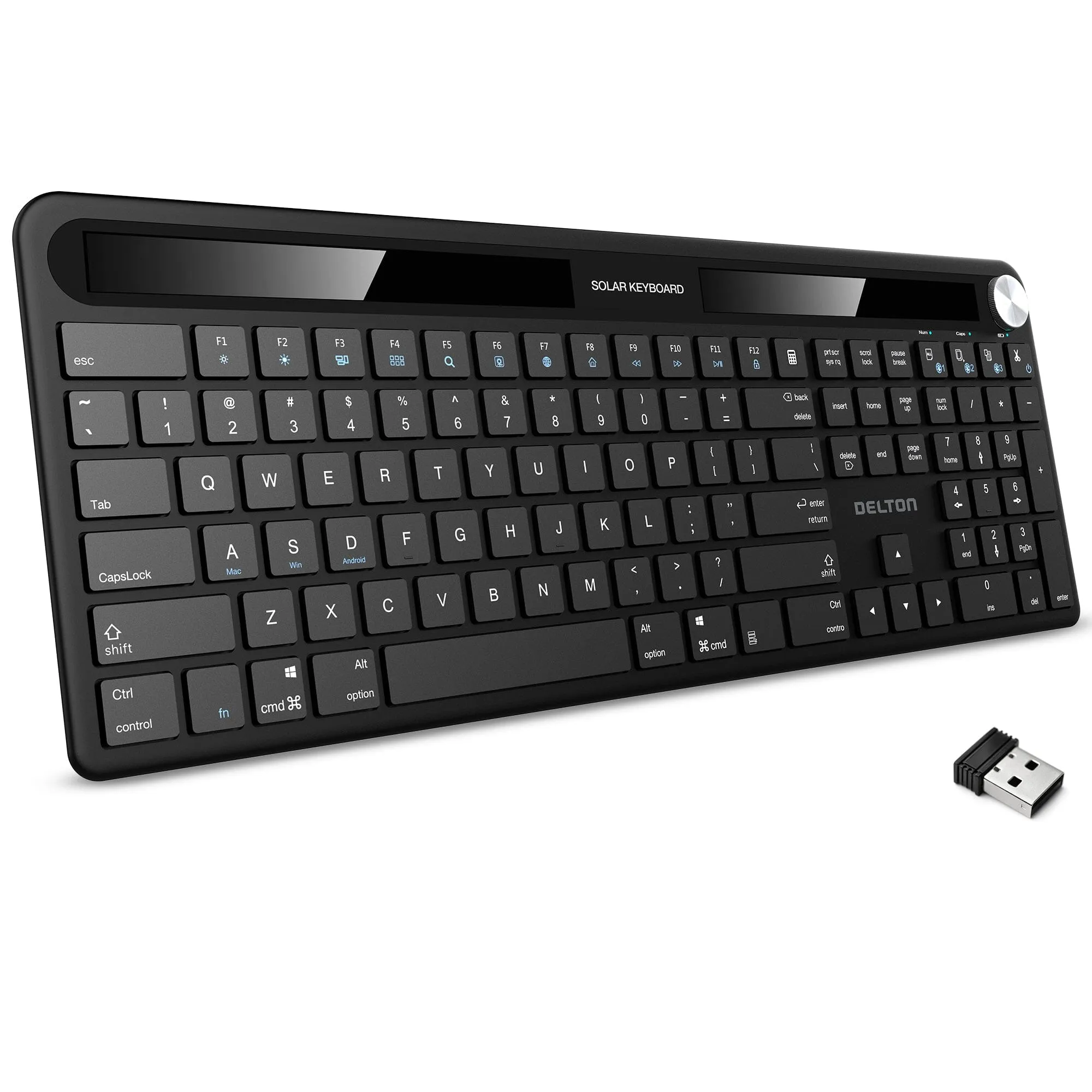 Delton KB90 Solar-Rechargeable Wireless Keyboard - Quiet Keys, Bluetooth Enabled, for Computers, Desktops, PCs, Laptops - Compatible with Windows