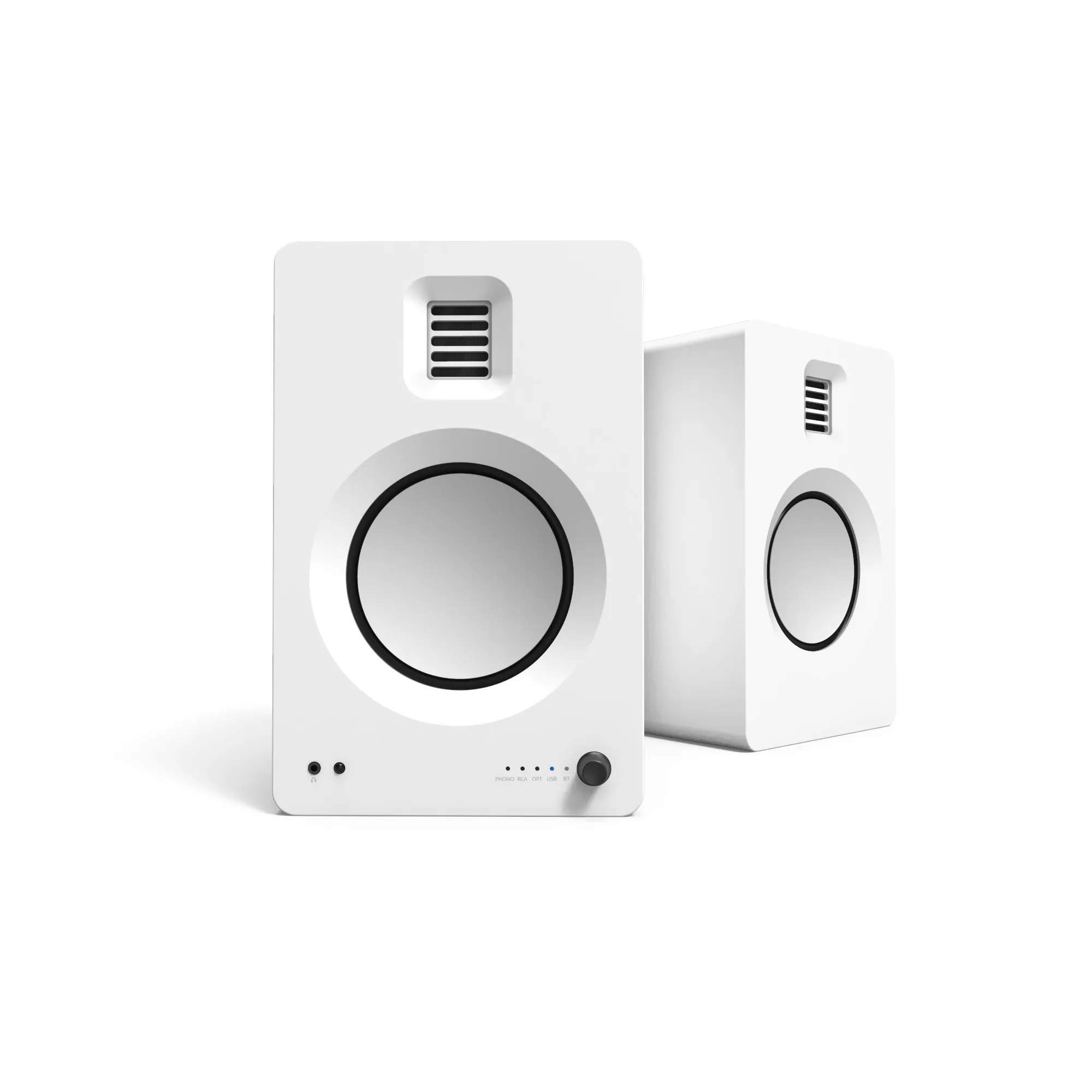 Kanto TUK 260W Powered Bookshelf Speakers - Pair, Matte White with SE6W White Stand Bundle