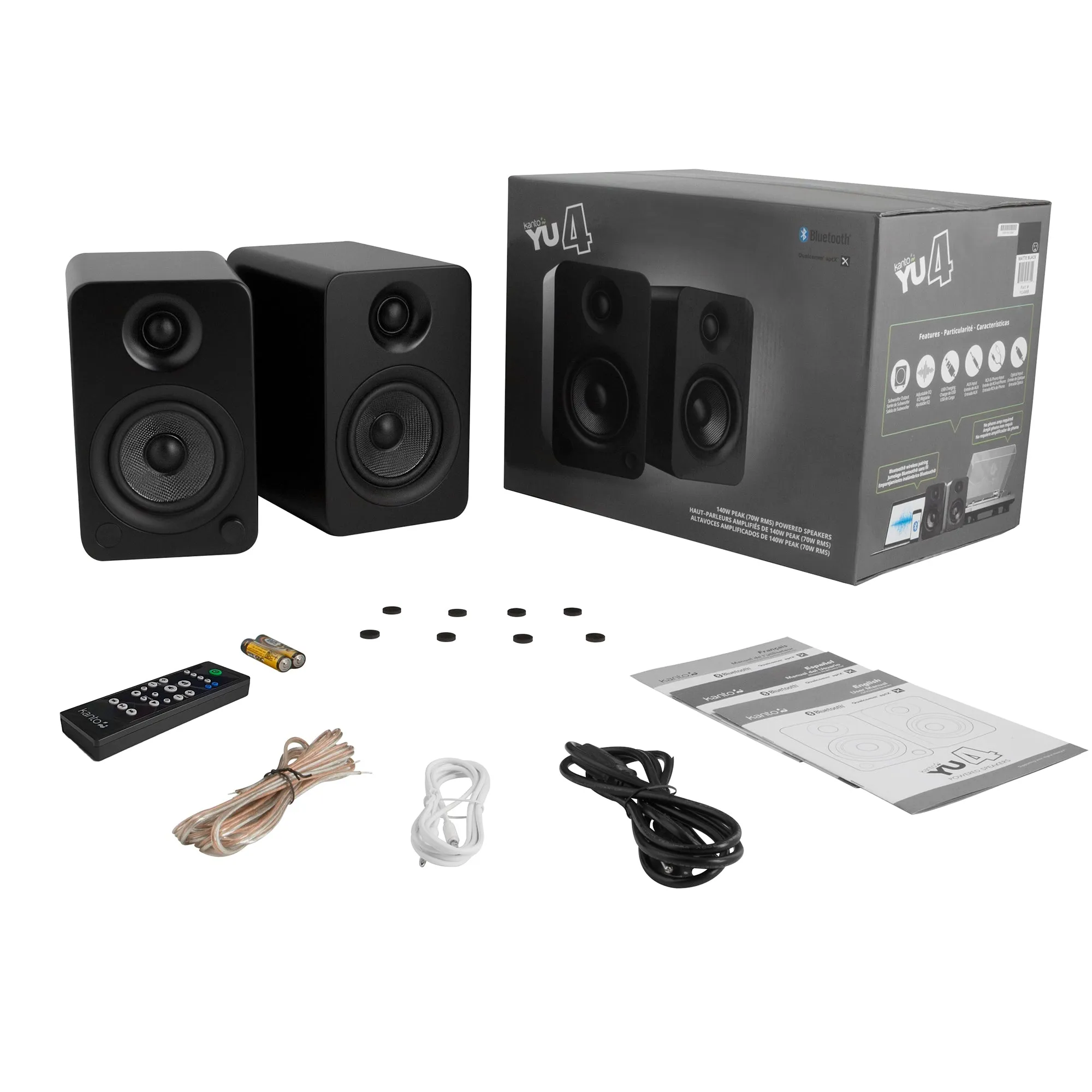 Kanto YU4 140W Powered Bookshelf Speakers with Bluetooth and Phono Preamp - Pair, Matte Black with SP32PL Black Stand Bundle