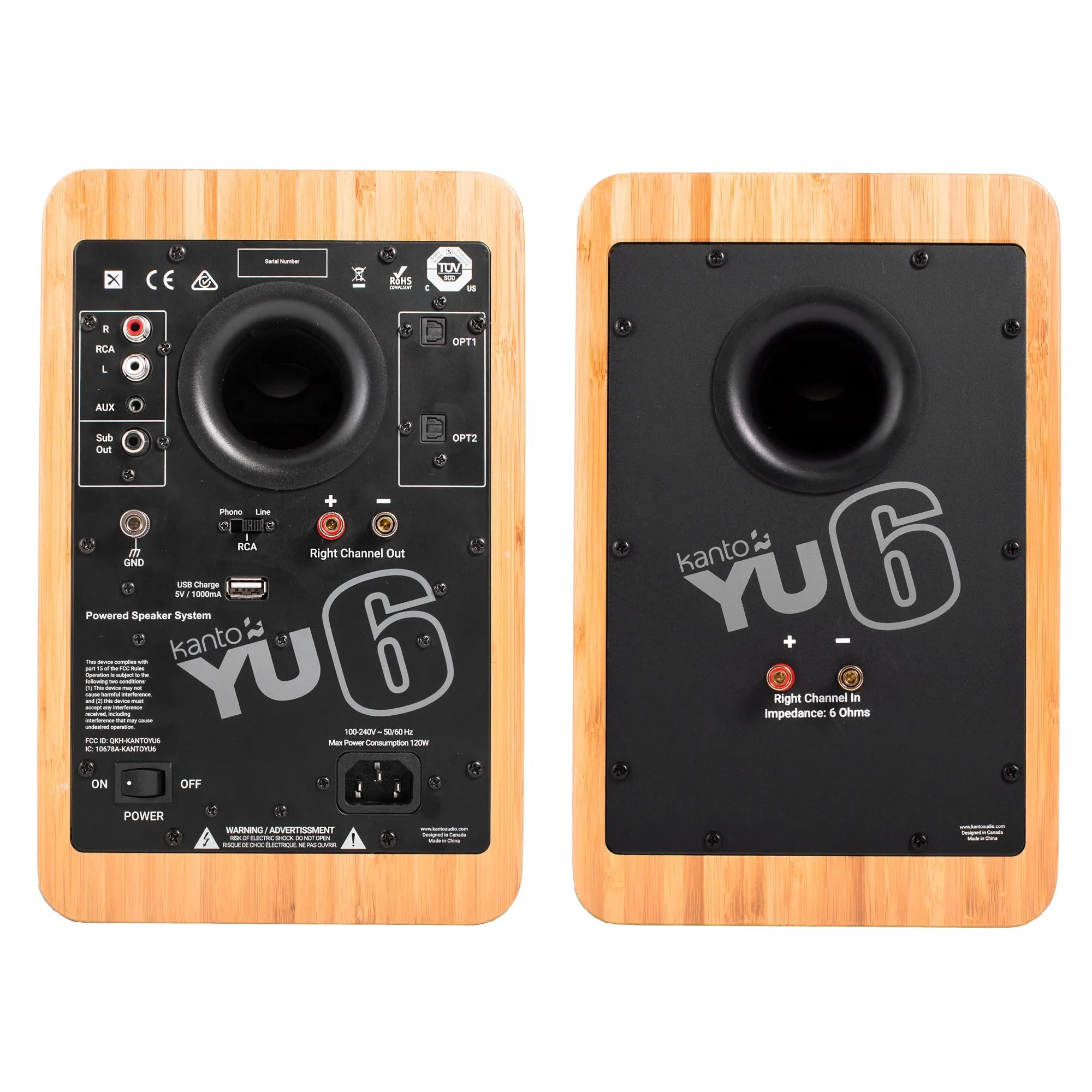 Kanto YU6 200W Powered Bookshelf Speakers with Bluetooth and Phono Preamp - Pair, Bamboo with SP32PL Black Stand Bundle