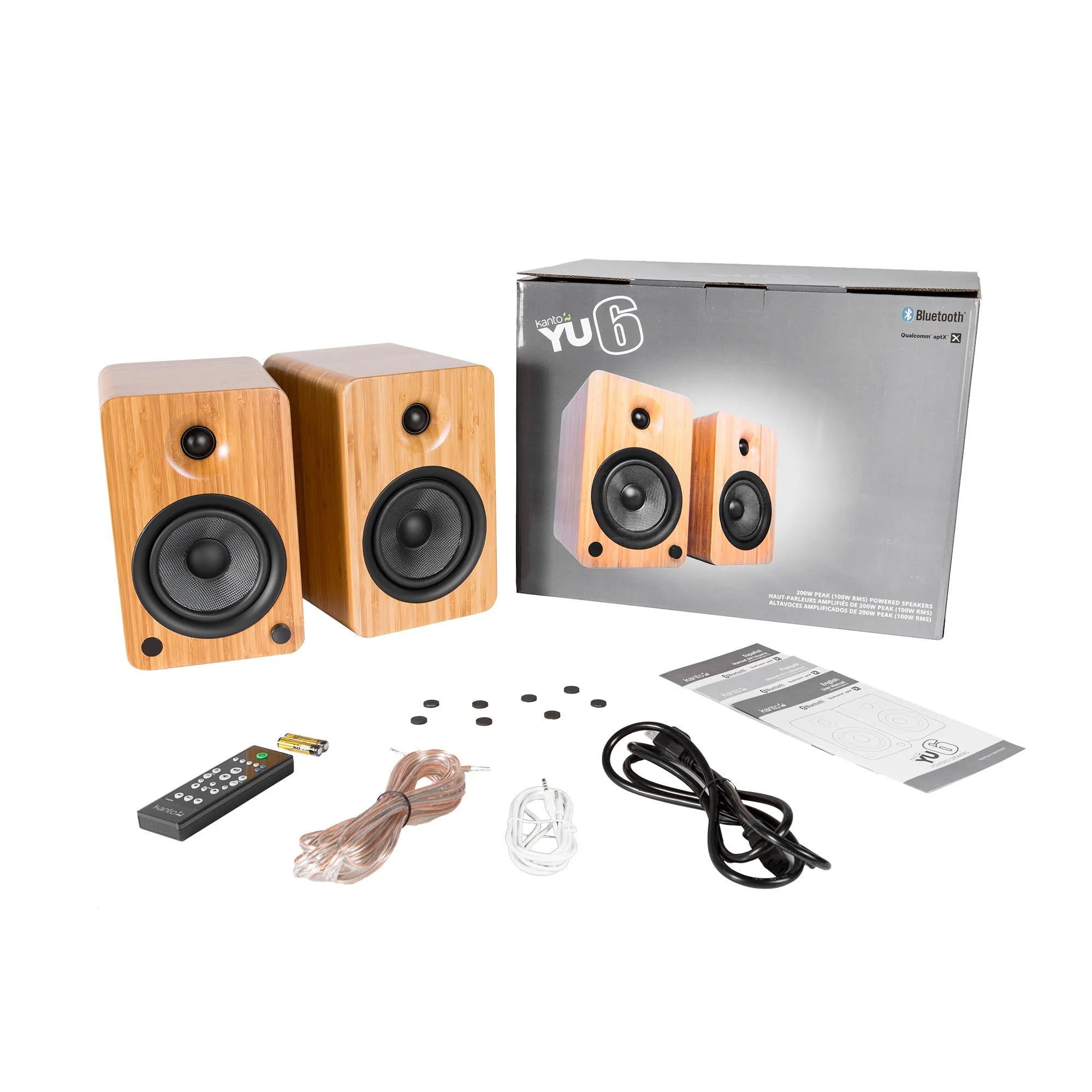 Kanto YU6 200W Powered Bookshelf Speakers with Bluetooth and Phono Preamp - Pair, Bamboo with SP32PL Black Stand Bundle