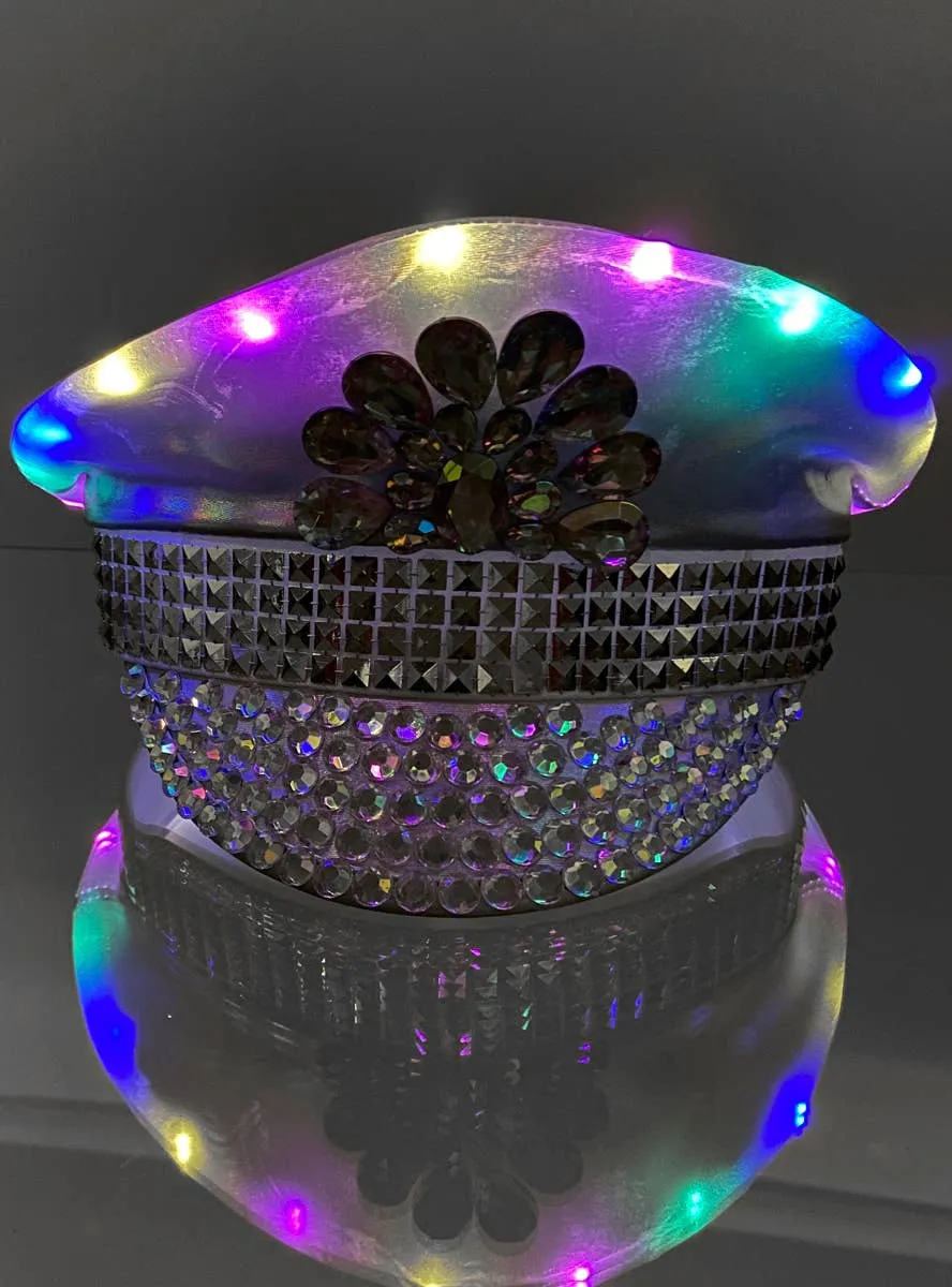 Light Up and Jewelled Silver Holographic Deluxe Handmade Festival Cap