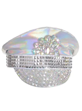 Light Up and Jewelled Silver Holographic Deluxe Handmade Festival Cap