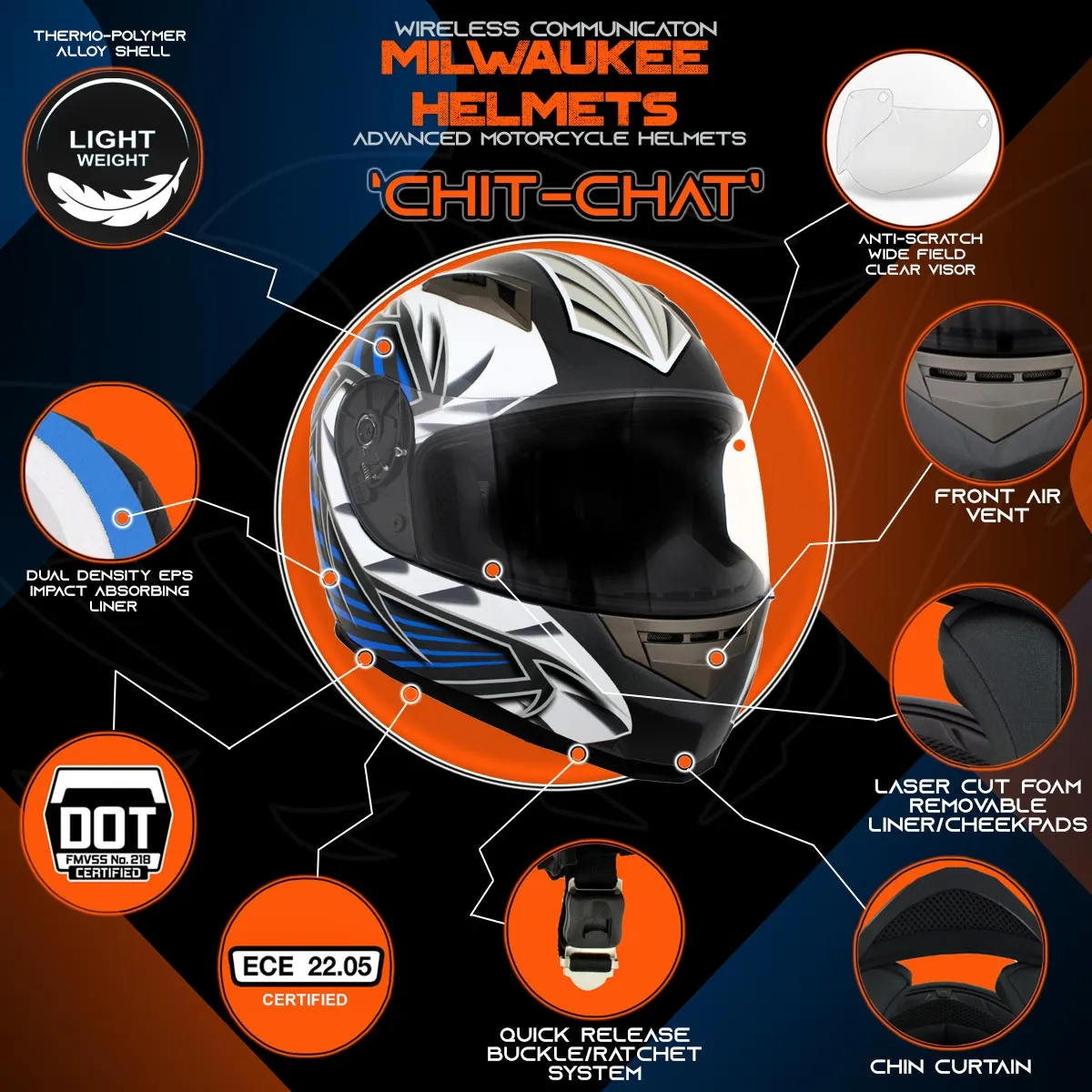 Milwaukee Helmets H512 Titanium and Blue Chit-Chat Black Full Face Motorcycle Helmet w/ Intercom - Built-in Speaker and Microphone for Men / Women