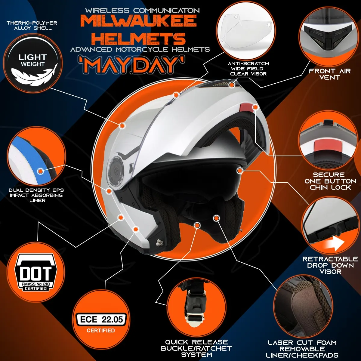 Milwaukee Helmets H7010 Flat Gray 'Mayday' Modular Motorcycle Helmet