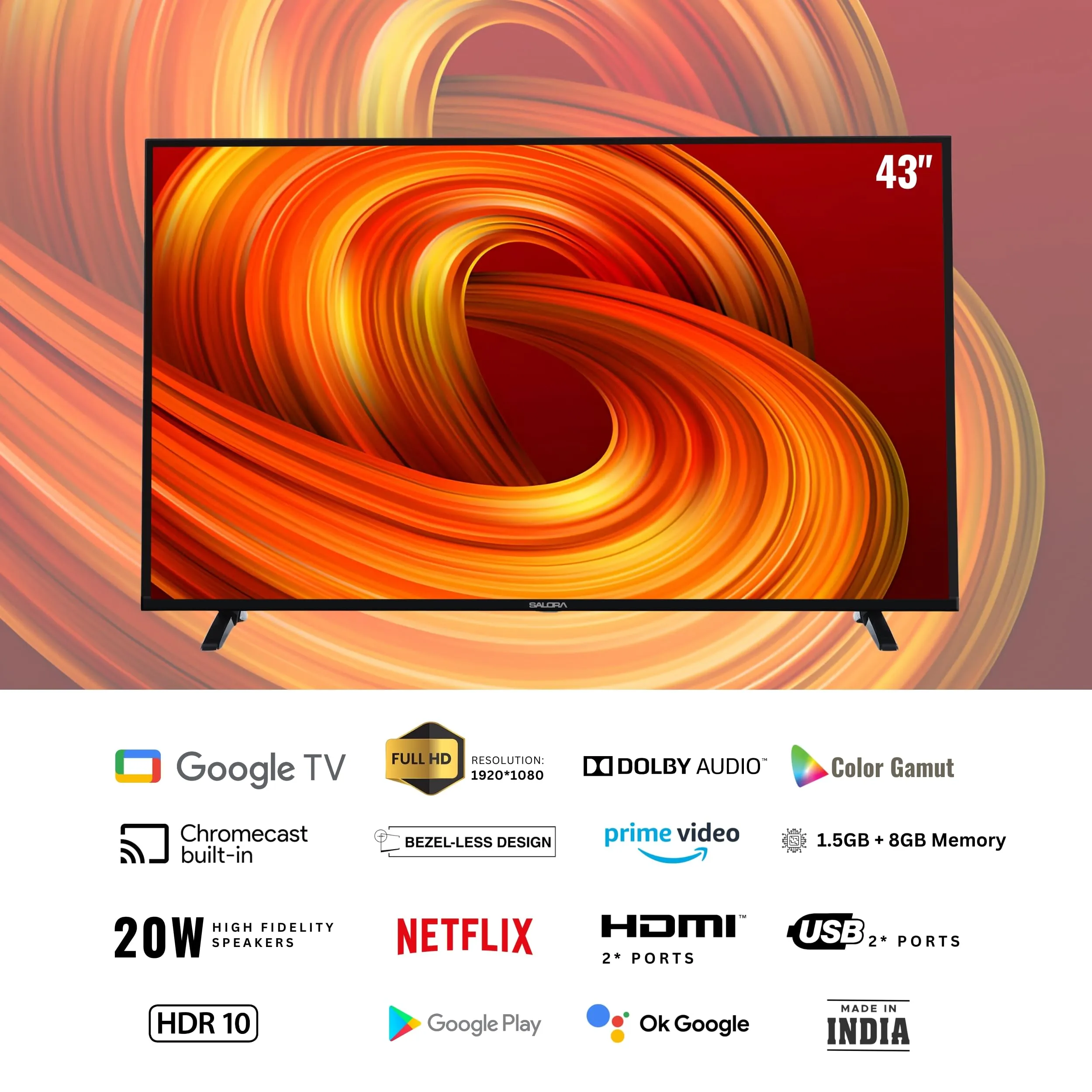 Salora 109 cm (43 inches) FHD Smart LED Google TV | SLV-4431 GTV (Black) | Vibrant HDR10 Display, Powerful 20W Dolby Audio, Google Assistant & Voice Control Remote