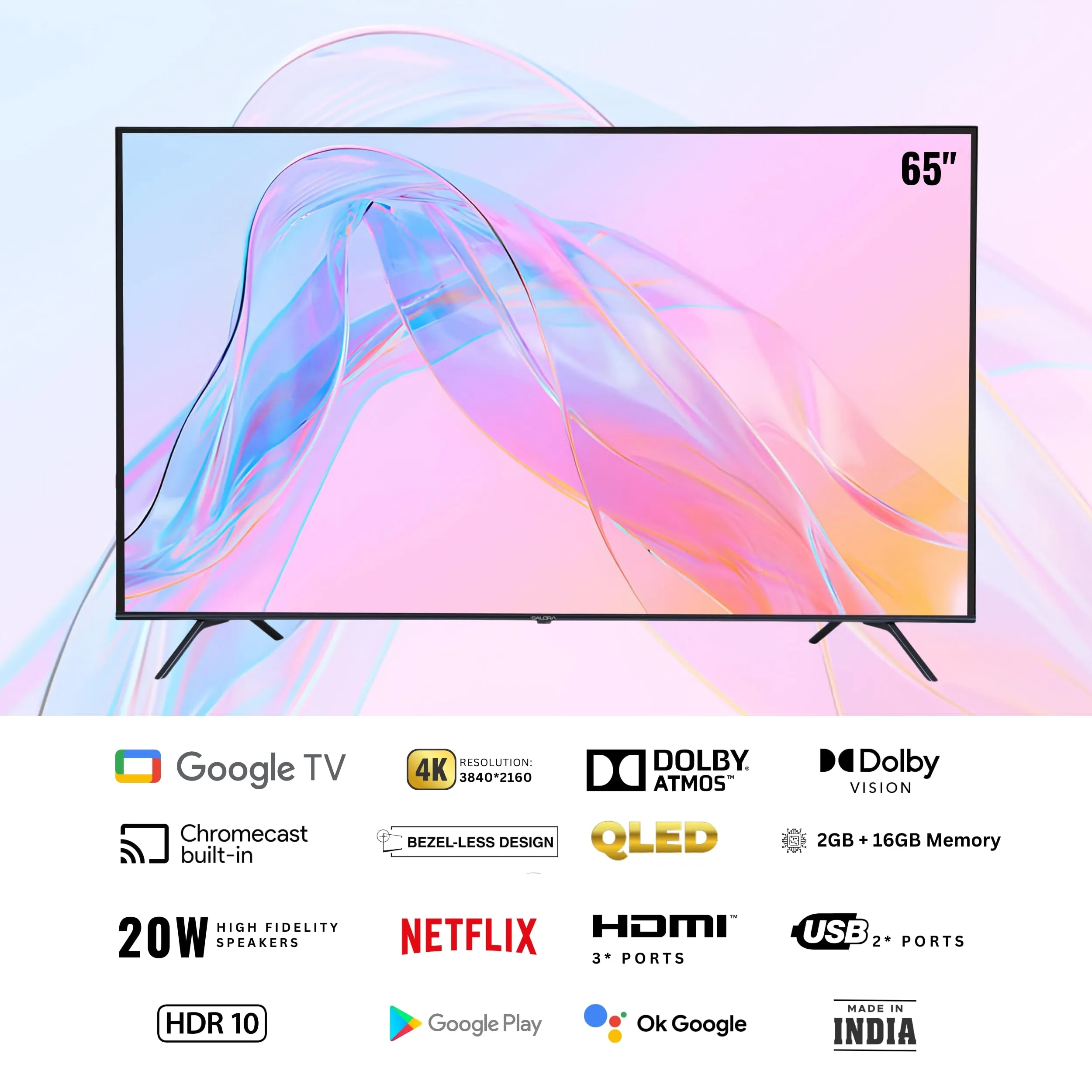 Salora 164 cm (65 inches) QLED 4K Ultra HD Smart Google TV | SLV-3655 QGTV (Black) | 4K Display, Powerful 24W Dolby Audio, Google Assistant & Voice Control Remote