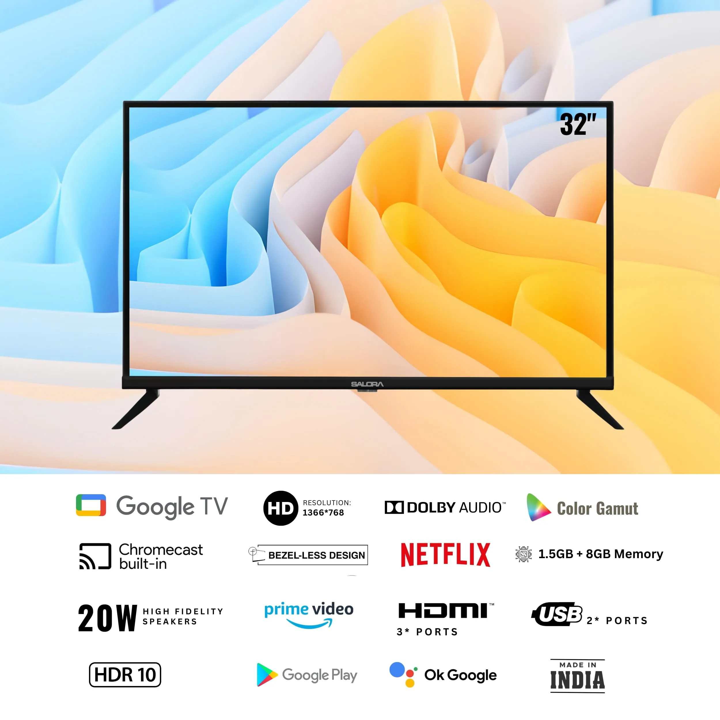 Salora 80 Cm (32 Inches) HD Ready Smart LED Google TV SLV-4324 GTV | Vibrant HDR10 Display, Powerful 20W Dolby Audio, Google Assistant & Voice Control Remote