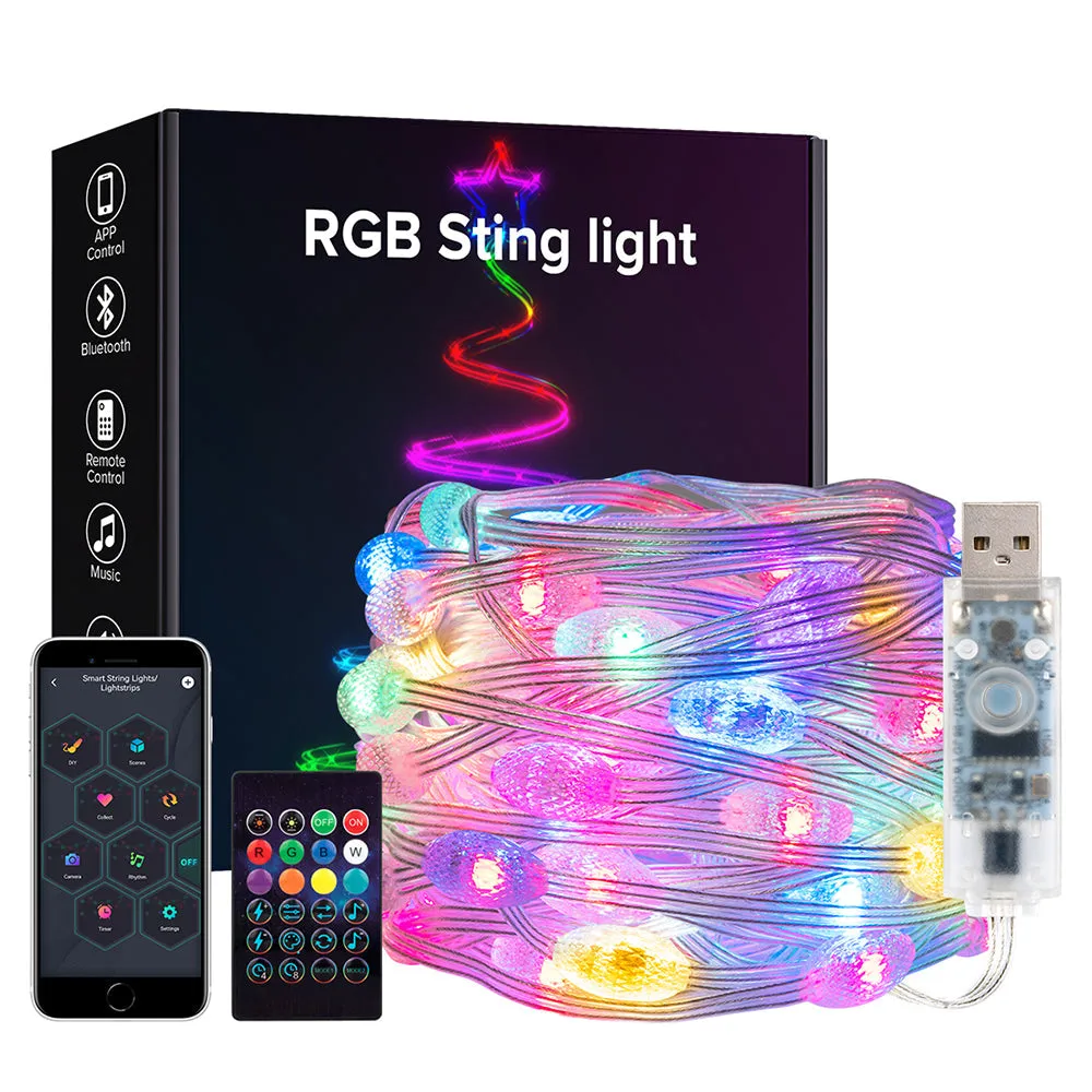 USB Christmas String Light Bluetooth Music APP Remote DC5V WS2812B Party Wedding Garden Backyard Star Rugby Strawberries