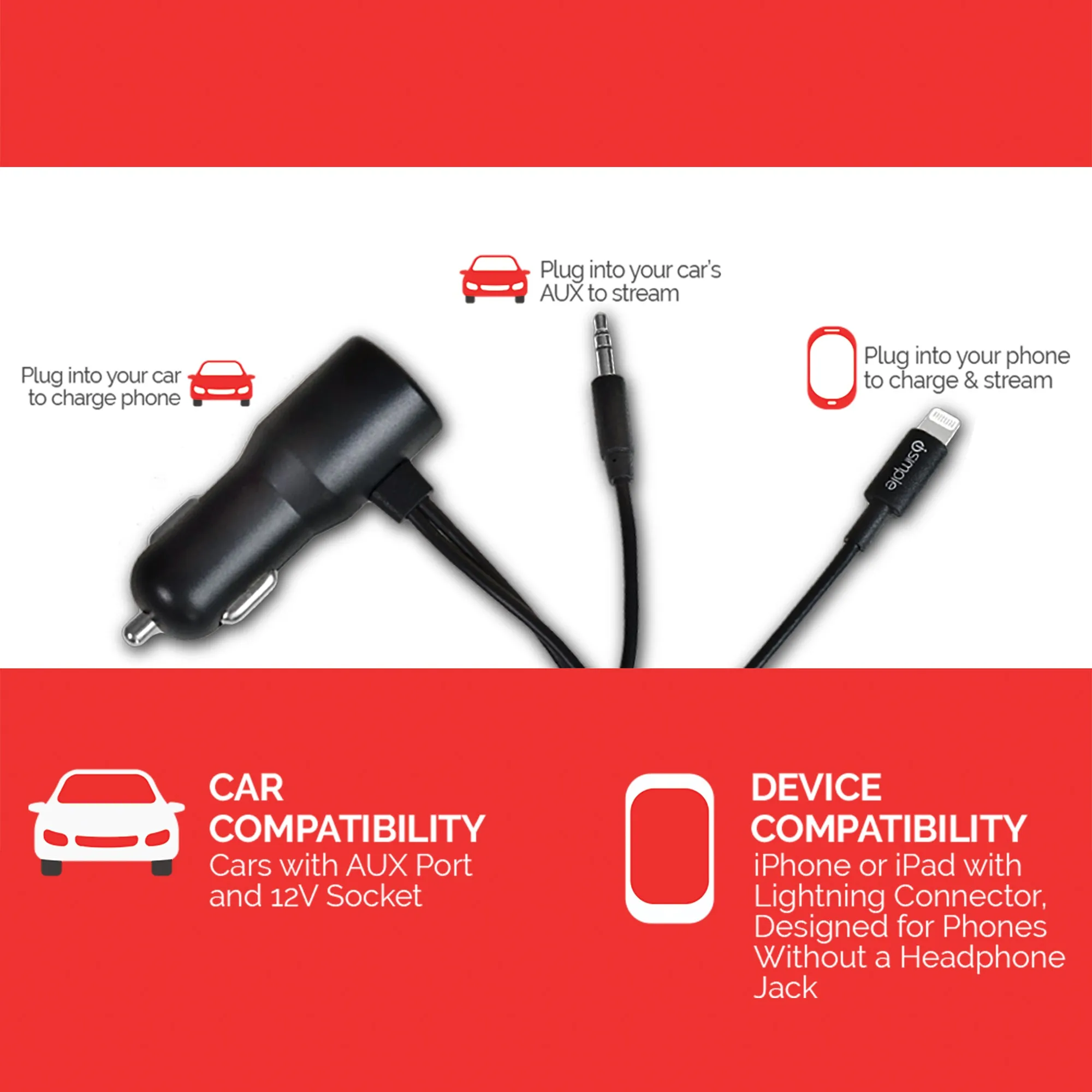 Vehicle Charging and Streaming Cable for iPhone, iPad, and iPod