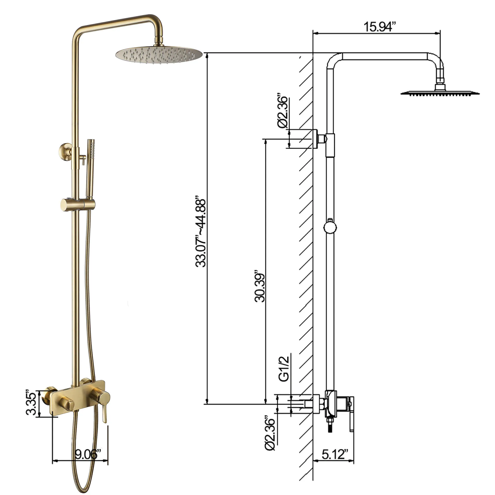 Wall Mount 3-Function Complete Shower System with Rough-In Valve RB1039