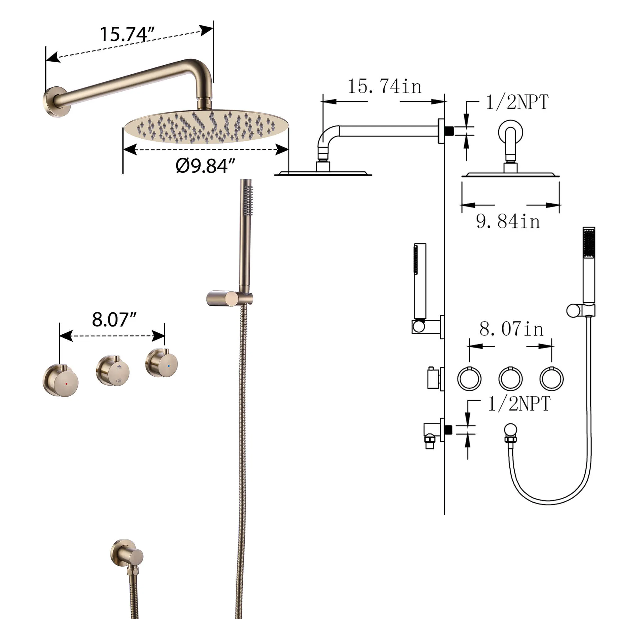 Wall Mount Complete Shower System with Separate Hot and Cold Handles RB1009